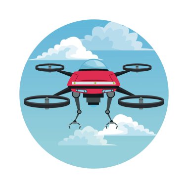 gökyüzü manzara sahne ve metal kol ve dört airscrew ile kırmızı robot drone ile dairesel çerçeve