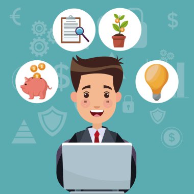 renk arka plan analytics yatırım bussiness adamla iş dizüstü ve kabarcıklar simgeler ekonomide