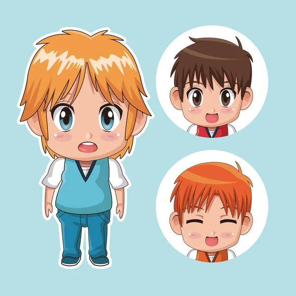 Azul color conjunto lindo tennagers anime con varias expresiones faciales — Vector de stock