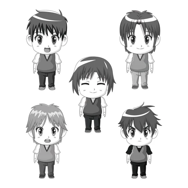 Monochrome set silhouette full body cute anime tennagers facial expressions — Stock Vector