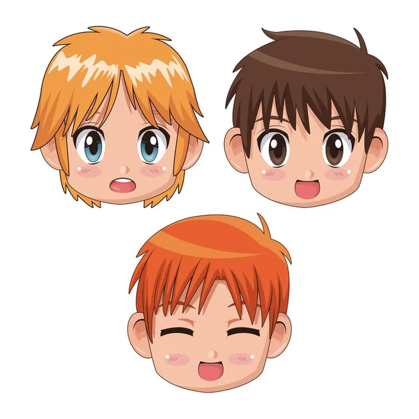 Set front view face cute anime tennagers facial expression — Stock Vector