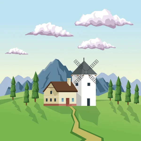 Färgstarka bakgrund med dagtid landskap av fält berg och hus med väderkvarn — Stock vektor