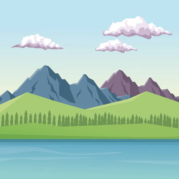 Красочный фон с дневным пейзажем горной долины и озером — стоковый вектор
