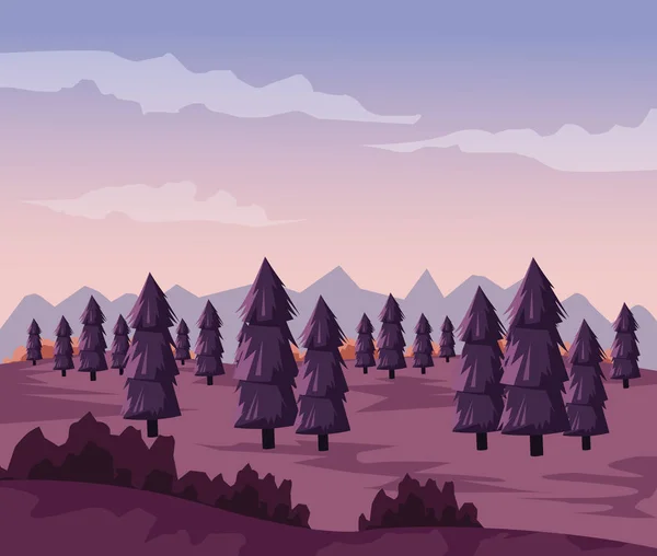Farbenfroher Hintergrund mit Morgengrauen Landschaft des Tals mit Bäumen — Stockvektor
