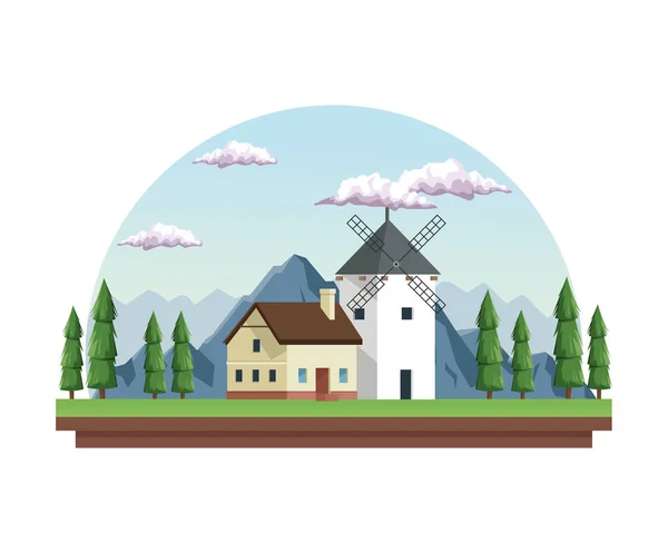 Vit bakgrund med dagtid landskap i halva rund ram med fältet berg och hus med väderkvarn — Stock vektor