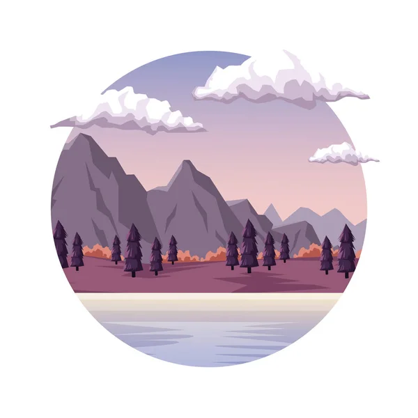 Fondo blanco con paisaje del amanecer en marco redondo con valle de montaña y lago — Vector de stock