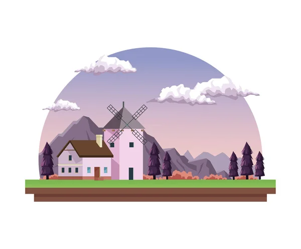 Белый фон с пейзажем рассвета в полукруглой рамке с полевыми горами и домом с ветряной мельницей — стоковый вектор