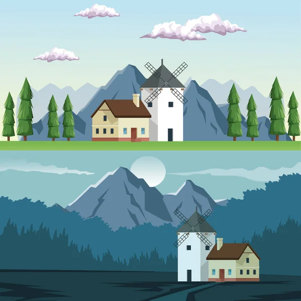 Två bildramar landskap i dagtid och natt av fält och berg och hus med väderkvarn — Stock vektor