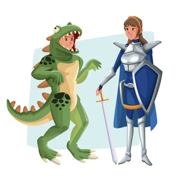 Cartaz com homem lagarto casal e guerreiro princesa traje halloween —  Vetores de Stock