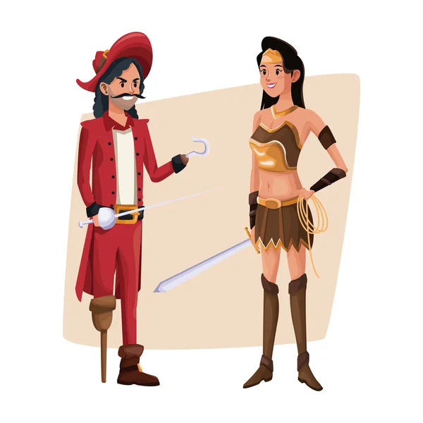 Cartel con hombre pirata pareja y traje de guerrero indio halloween — Archivo Imágenes Vectoriales