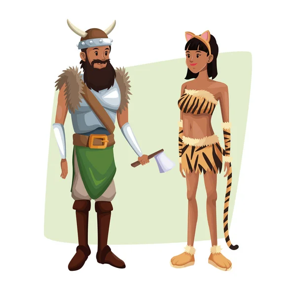 Cartaz com casal viking homem e tigresa mulher traje halloween — Vetor de Stock