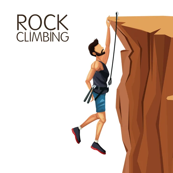 Scene man hanging on the cliff rock climbing — Stock Vector