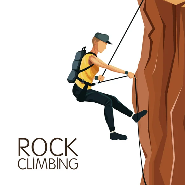 Escena hombre montaña descenso con arnés escalada en roca — Vector de stock