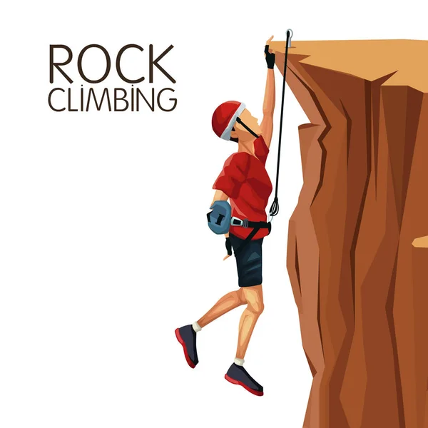 Escena hombre colgando en el acantilado anclado a la parte superior escalada en roca — Vector de stock