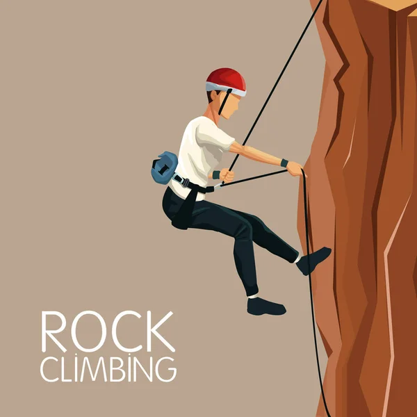 Beige color background scene man mountain descent with harness rock climbing — Stock Vector