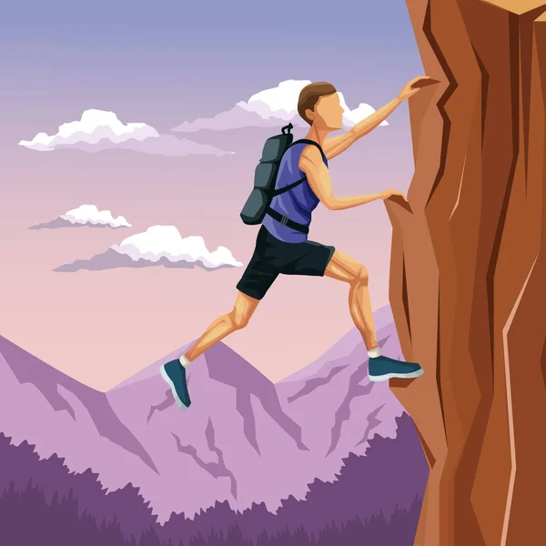 Escena paisaje hombre escalando en una montaña de roca — Vector de stock