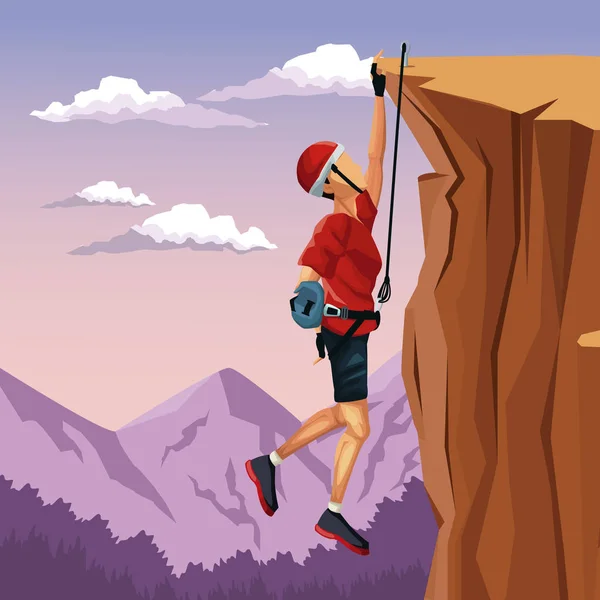 Escena paisaje hombre colgando en el acantilado anclado a la cima escalada en roca — Vector de stock