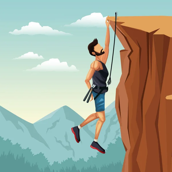 Scene landscape man hanging on the cliff rock climbing — Stock Vector