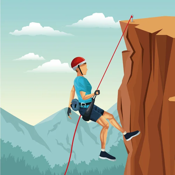 Сцена пейзаж человек горного спуска с оборудованием скалолазания — стоковый вектор