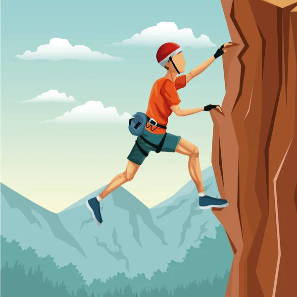 Scene landscape man climbing rock mountain without equipment — Stock Vector
