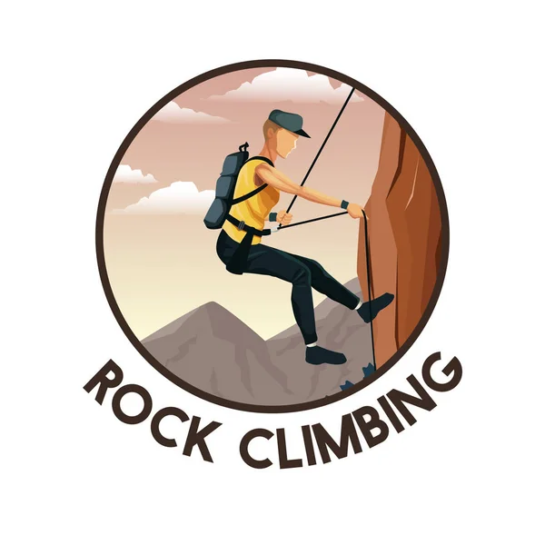 Marco circular de color con escena paisaje hombre montaña descenso con arnés escalada en roca — Vector de stock