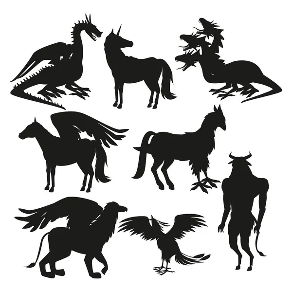 设置黑色剪影动物希腊神话生物 — 图库矢量图片