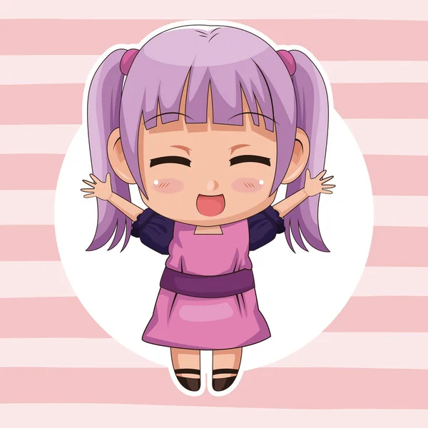 Χρώμα ροζ ριγέ φόντο με κυκλικό πλαίσιο και χαριτωμένο anime κορίτσι έκφραση ευτυχίας — Διανυσματικό Αρχείο