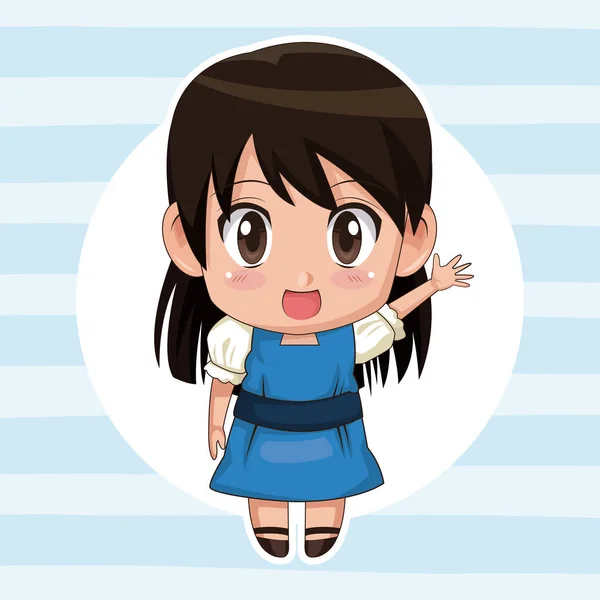Голубой полосатый цвет фона с круговой рамкой и милое выражение лица девушки аниме приветствие с прямыми волосами — стоковый вектор