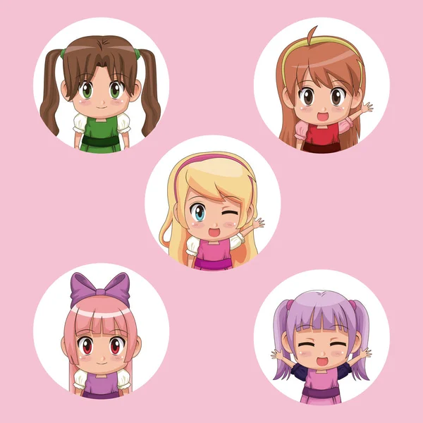 Fundo rosa com quadro circular de definir metade do corpo bonito anime meninas expressão facial —  Vetores de Stock