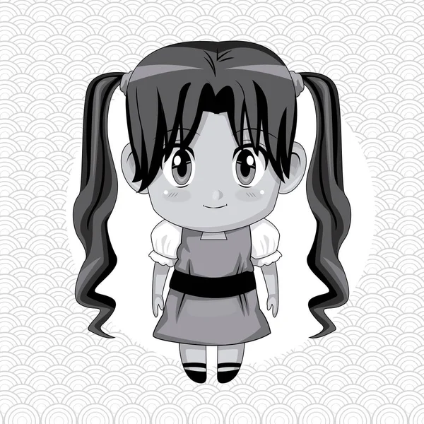Монохромный абстрактный фон с круглой рамкой и симпатичная девушка аниме с длинными косичками прическа — стоковый вектор