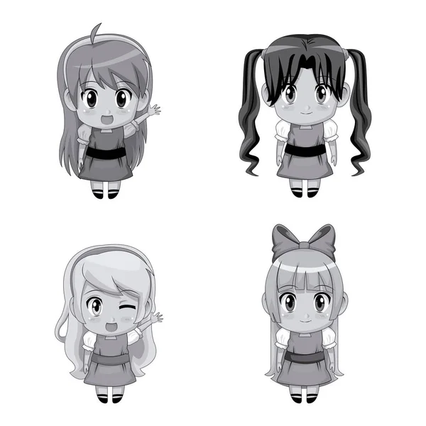 Monochrome set full body cute anime tennagers girls facial expression - Stok Vektor