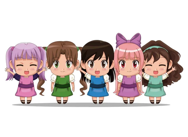 Warna-warni set lima tubuh penuh lucu anime tennagers gadis ekspresi wajah - Stok Vektor