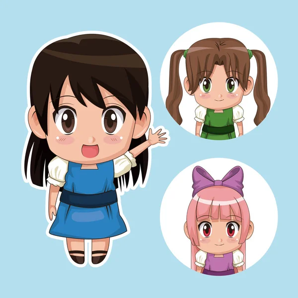 Blue color set cute anime tennagers girl in dress dengan beberapa ekspresi wajah - Stok Vektor