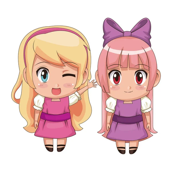 Färgglada helkropps par söta anime flicka ansiktsbehandling wink uttryck och leende — Stock vektor