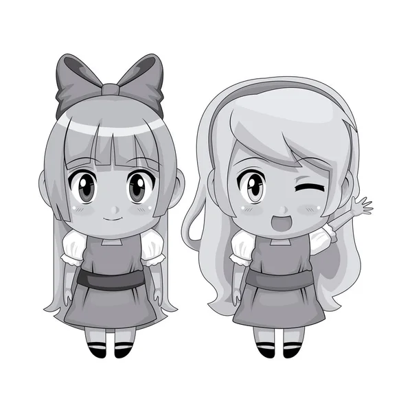 Μονόχρωμη πλήρες σώμα ζευγάρι χαριτωμένο anime κορίτσι νεύμα του προσώπου έκφρασης και χαμόγελο — Διανυσματικό Αρχείο