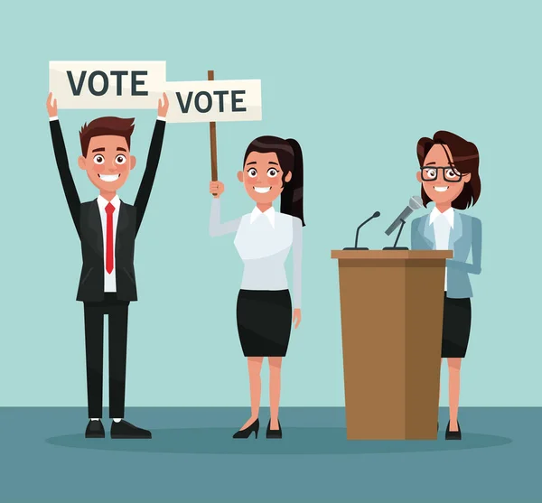 Arka plan sahne afiş promoving oylama ve kadın aday tanıtımı ile resmi kıyafetli insanlar koymak — Stok Vektör