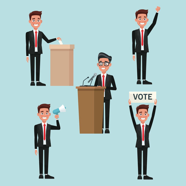 background scene set people male in formal suit in different poses for vote candidacy