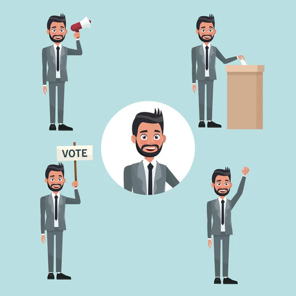 Oy adaylık için farklı pozlar resmi kıyafetli sahne set insanlar sakallı adam arka plan — Stok Vektör