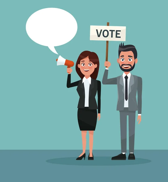 background scene people woman in formal suit speaks for dialog box and beard man with banner promoving vote