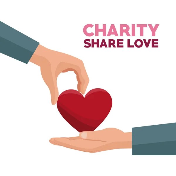 Kleurrijke hand geven een rood hart liefdadigheid delen liefde — Stockvector
