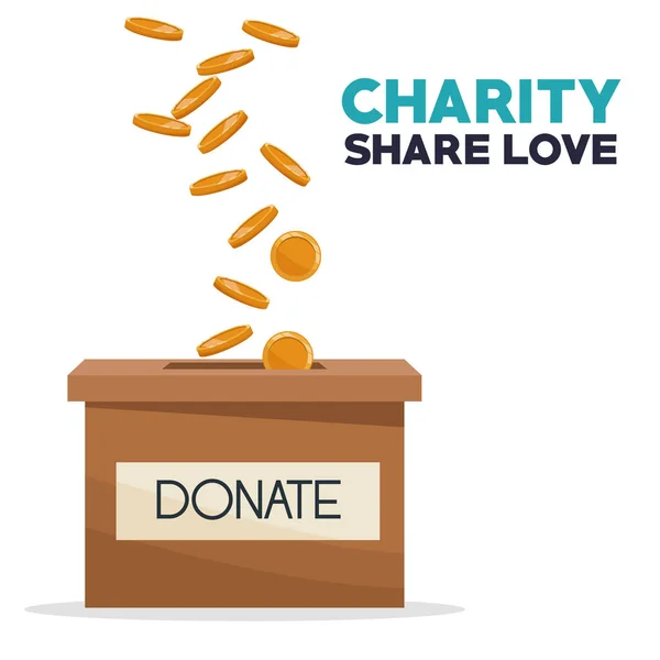 Mynt som insättning i en kartong box välgörenhet dela kärlek — Stock vektor