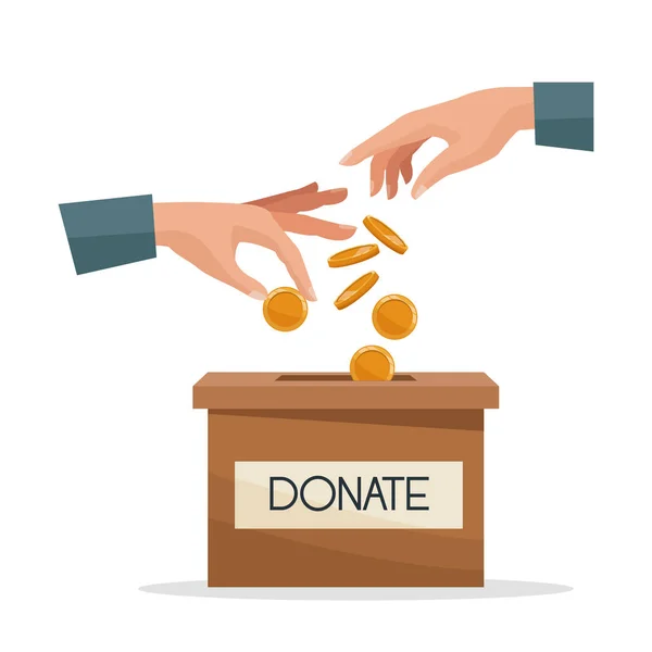 Hands depositing coin in a carton box with text banner donate — Stock Vector