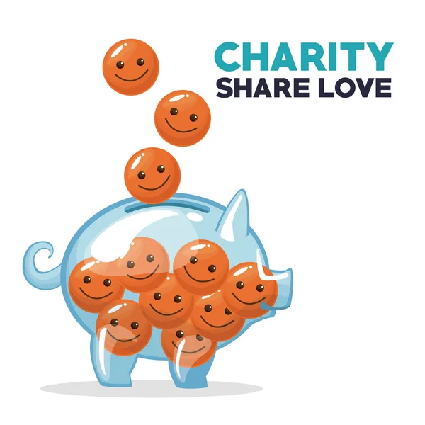 Mynt i form av glada ansikte flytande och deponerar pengar spargris Charity dela kärlek — Stock vektor