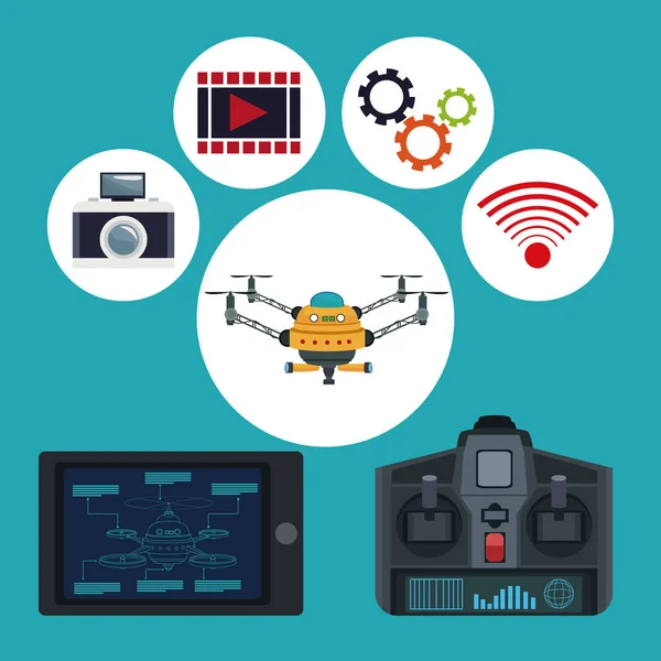 Χρώμα φόντου απομακρυσμένου ελέγχου και tablet με drone μεταλλικά όπλα και εικονίδια που τεχνολογίας ρομπότ — Διανυσματικό Αρχείο