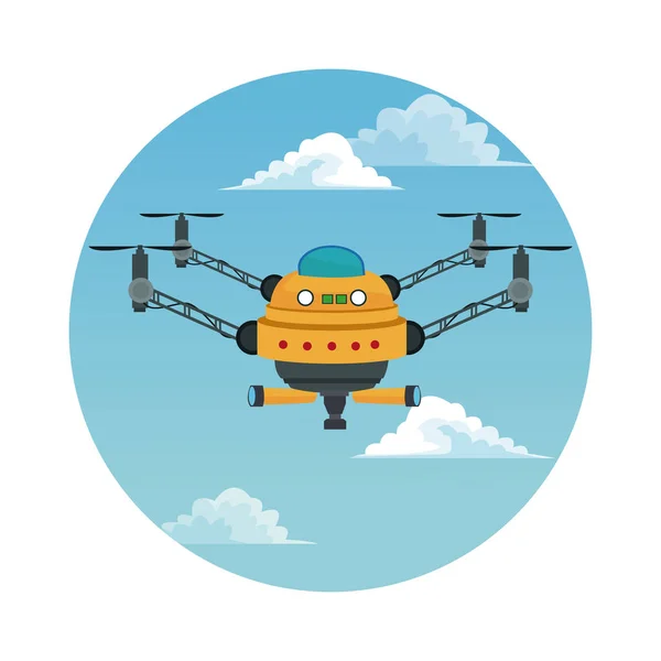 空の風景のシーンと 4 つの airscrew と望遠鏡のペアを持つ黄色のロボット無人機の円形フレーム — ストックベクタ