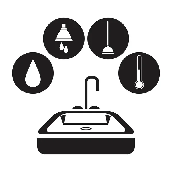 Negro silueta baño con marco circular icono plomería herramientas — Vector de stock