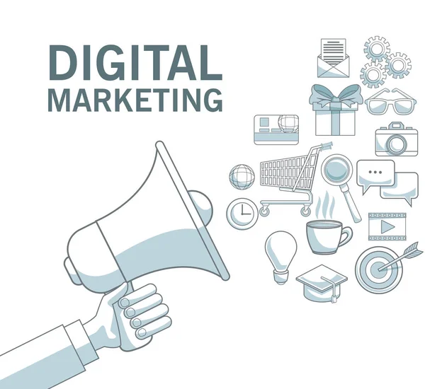 Fundo branco com seções de cores de mão segurando megafone de ícones de difusão texto de marketing digital —  Vetores de Stock