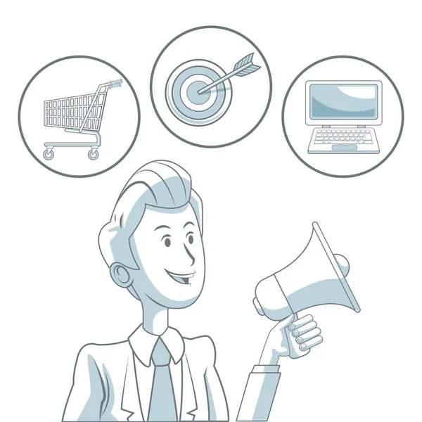 Fondo blanco con secciones de color de hombre de negocios con megáfono y burbujas iconos de marketing digital — Vector de stock