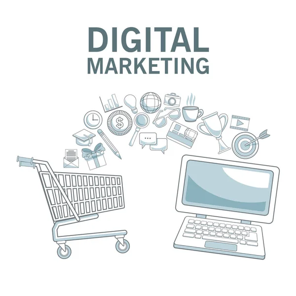 Fond blanc avec des sections de couleur des achats en ligne et des icônes marketing numérique — Image vectorielle