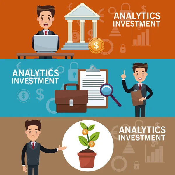 Kolor banery analytics inwestycji z zestawem biznesmen w prezentacji — Wektor stockowy